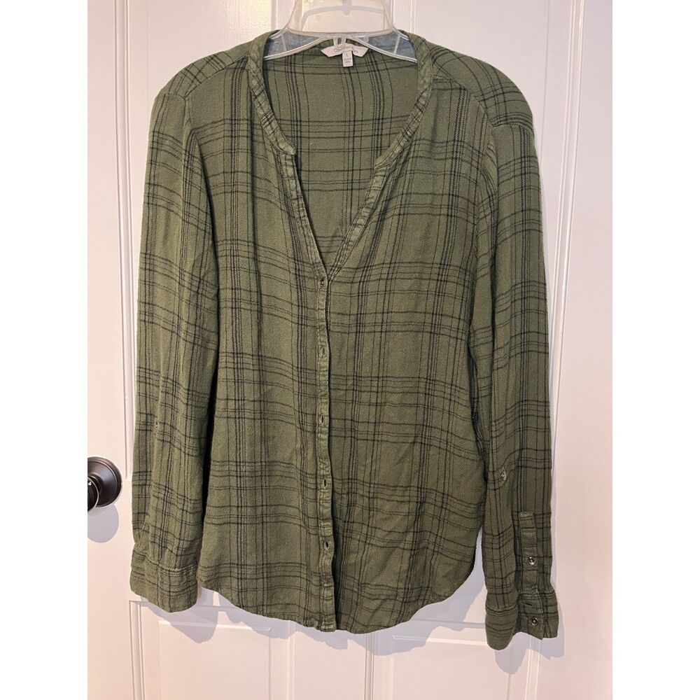 Calvin Klein Jeans Women’s Large Olive Green Plaid 100% Viscose Button Up Shirt
